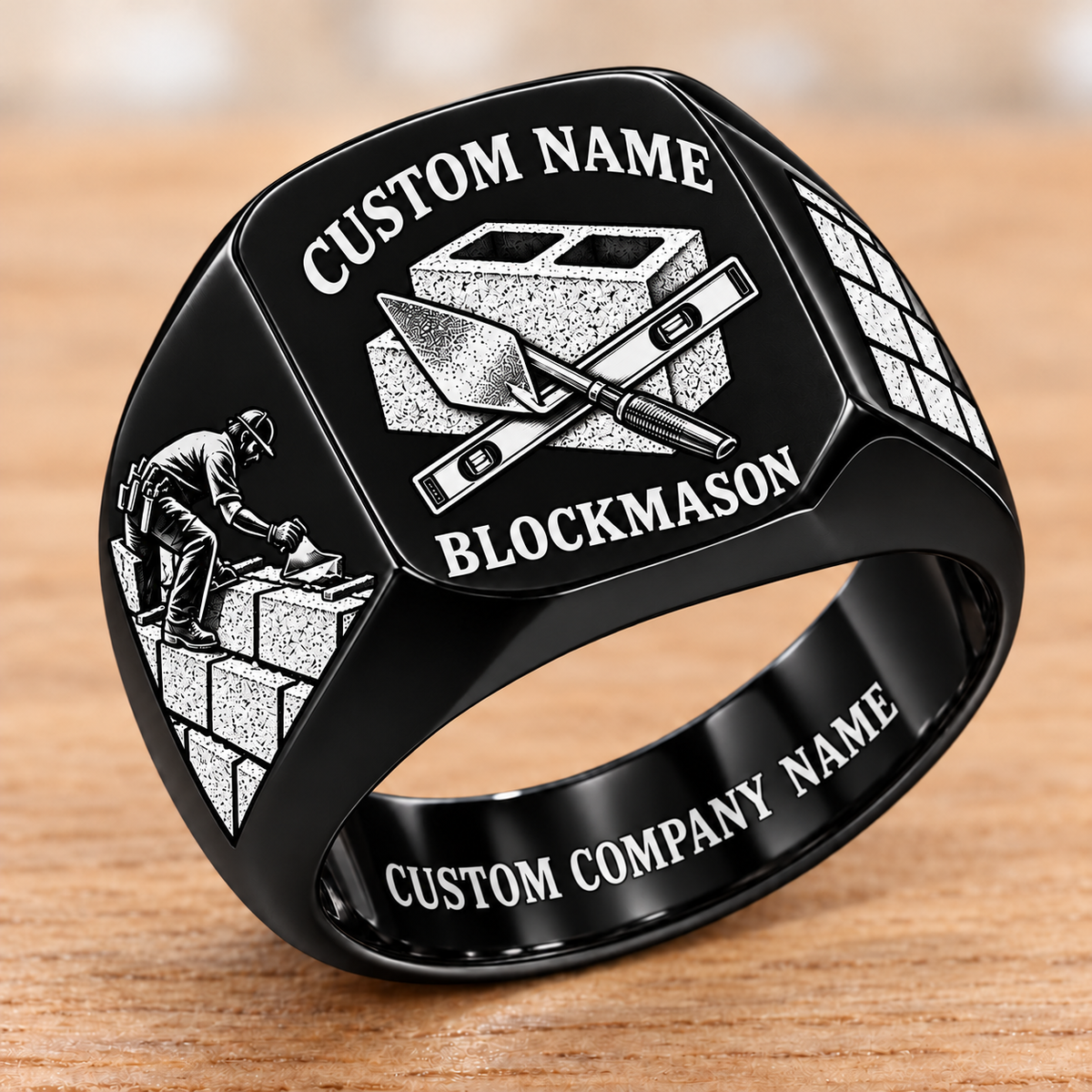 Personalized Blockmason Heritage Emblem signet ring in black, Custom Name and Custom Company Name