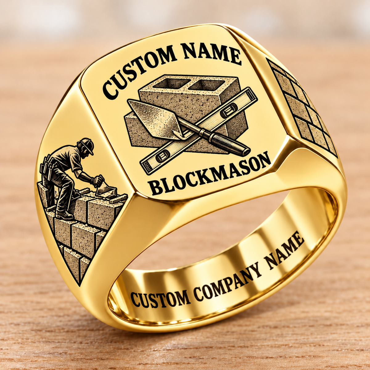 Personalized Blockmason Heritage Emblem signet ring in gold, Custom Name and Custom Company Name