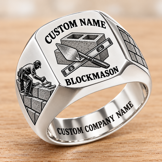 Personalized Blockmason Heritage Emblem signet ring in silver, Custom Name and Custom Company Name