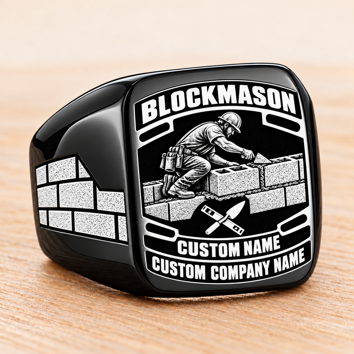 Personalized blockmason Black Face Badge signet ring in black, Custom Name and Custom Company Name
