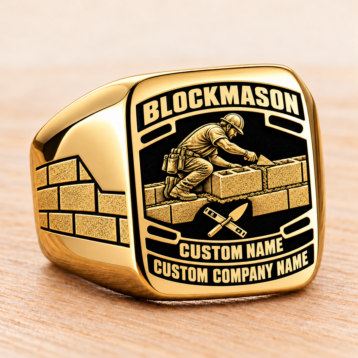 Personalized blockmason Black Face Badge signet ring in gold, Custom Name and Custom Company Name