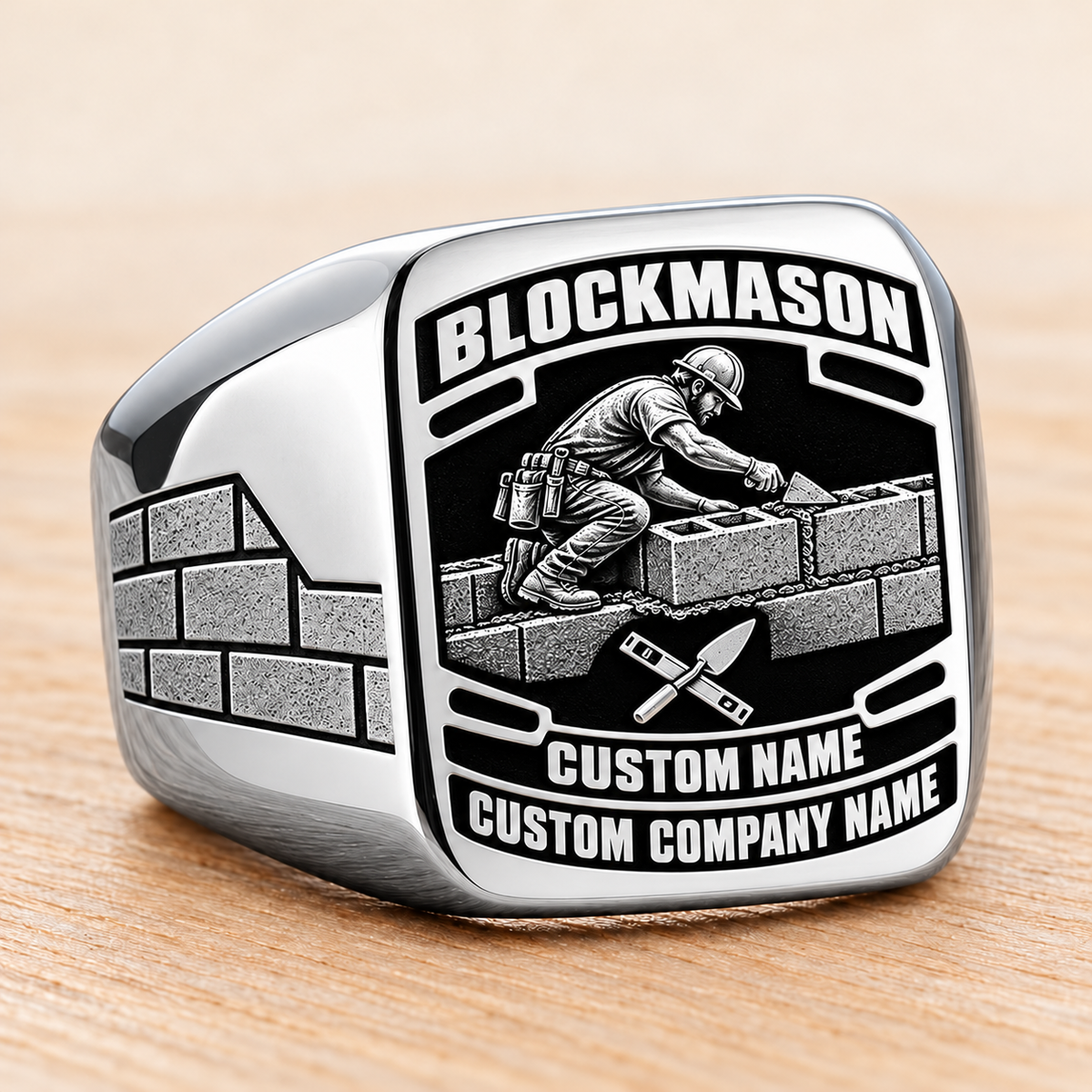 Personalized blockmason Black Face Badge signet ring in silver, Custom Name and Custom Company Name