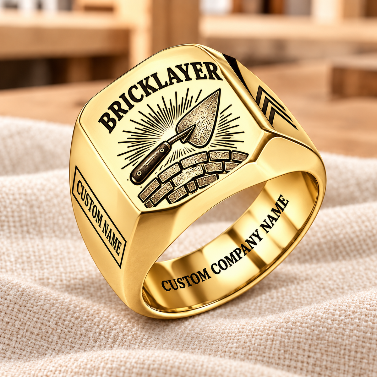 Personalized bricklayer Sunburst Legacy signet ring in gold, Custom Name and Custom Company Name
