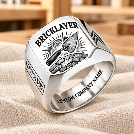 Personalized bricklayer Sunburst Legacy signet ring in silver, Custom Name and Custom Company Name