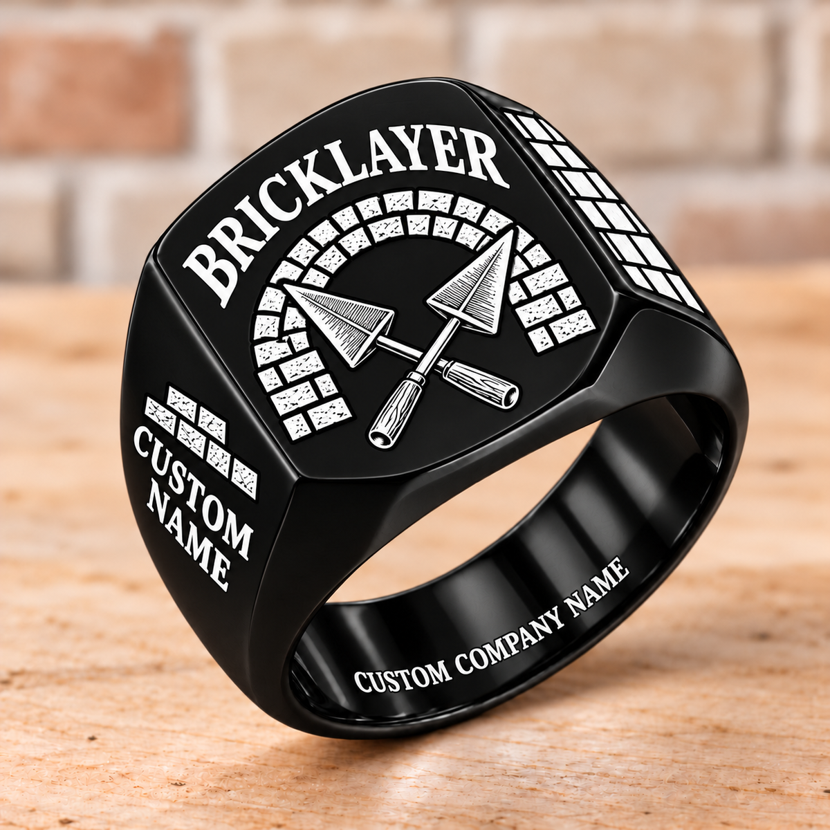 Personalized Bricklayer Heritage Trowel signet ring in black, Custom Name and Custom Company Name