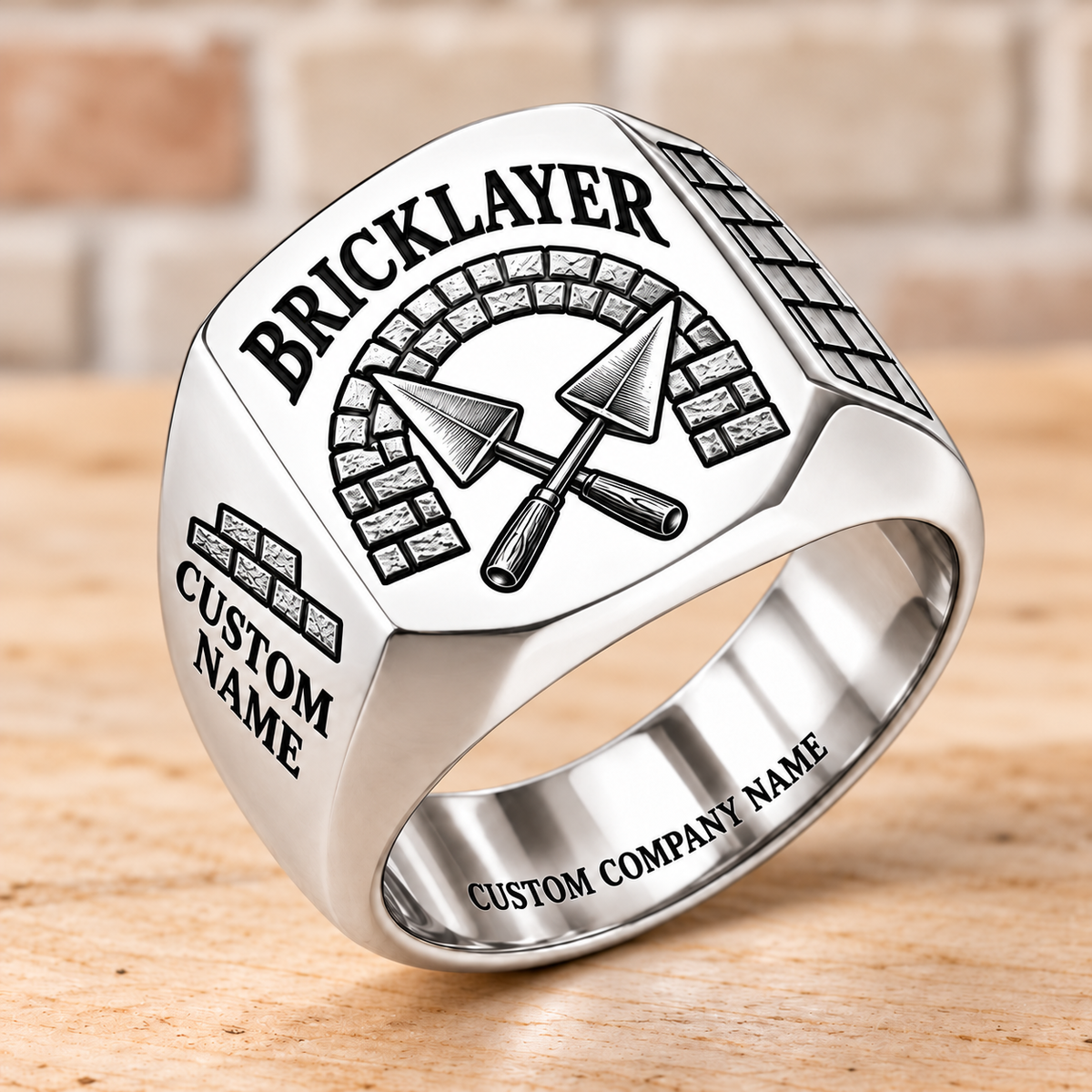 Personalized Bricklayer Heritage Trowel signet ring in silver, Custom Name and Custom Company Name