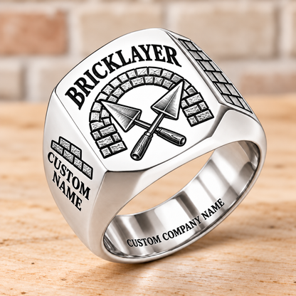 Personalized Bricklayer Heritage Trowel signet ring in silver, Custom Name and Custom Company Name