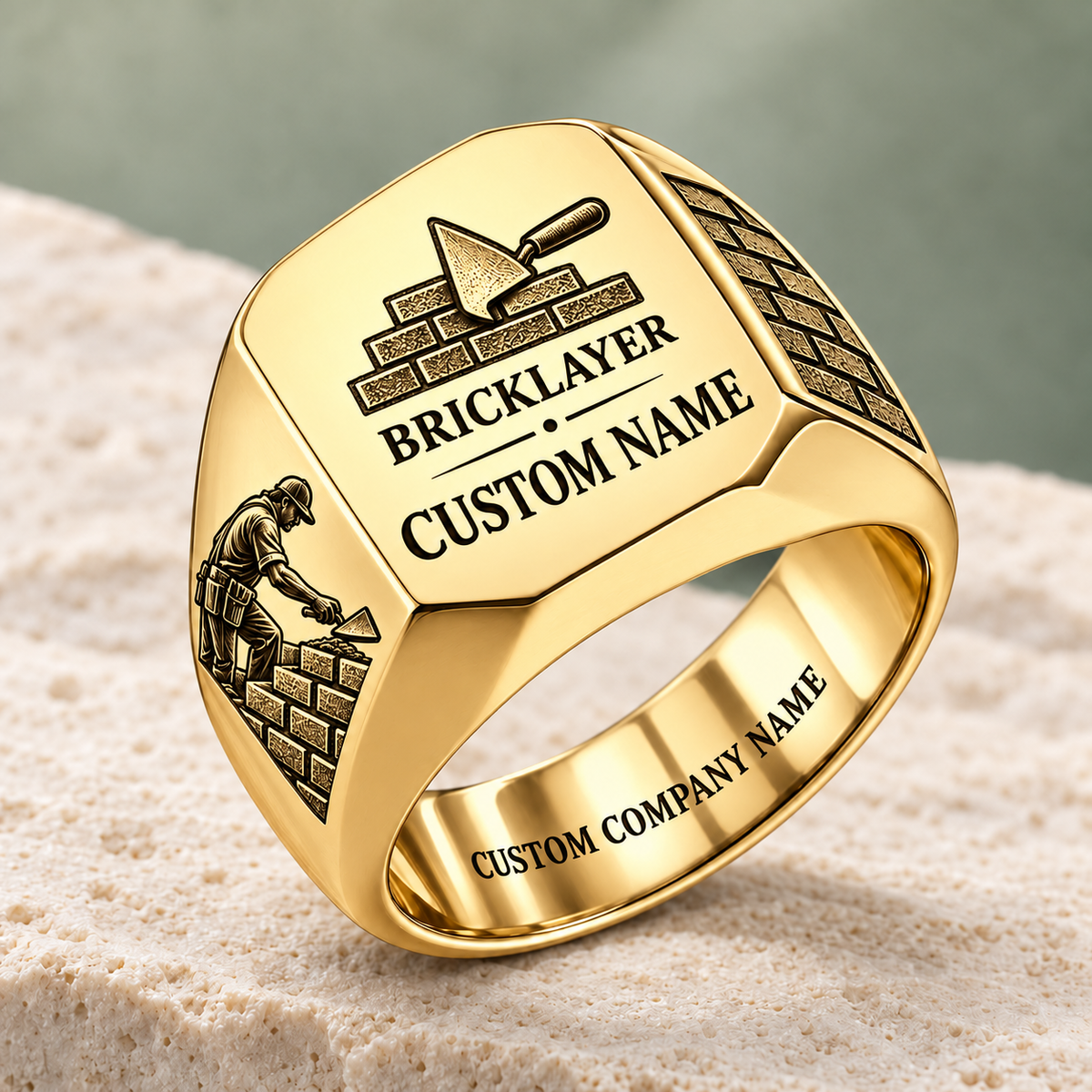 Personalized bricklayer Signature Crest signet ring in gold, Custom Name and Custom Company Name