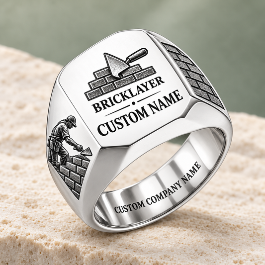 Personalized bricklayer Signature Crest signet ring in silver, Custom Name and Custom Company Name