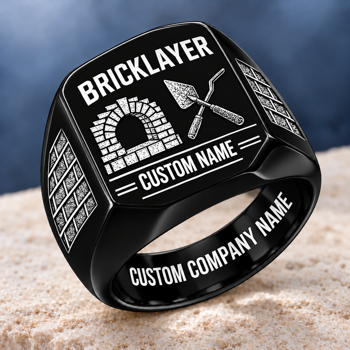 Personalized Bricklayer Twin Icons signet ring in black, Custom Name and Custom Company Name