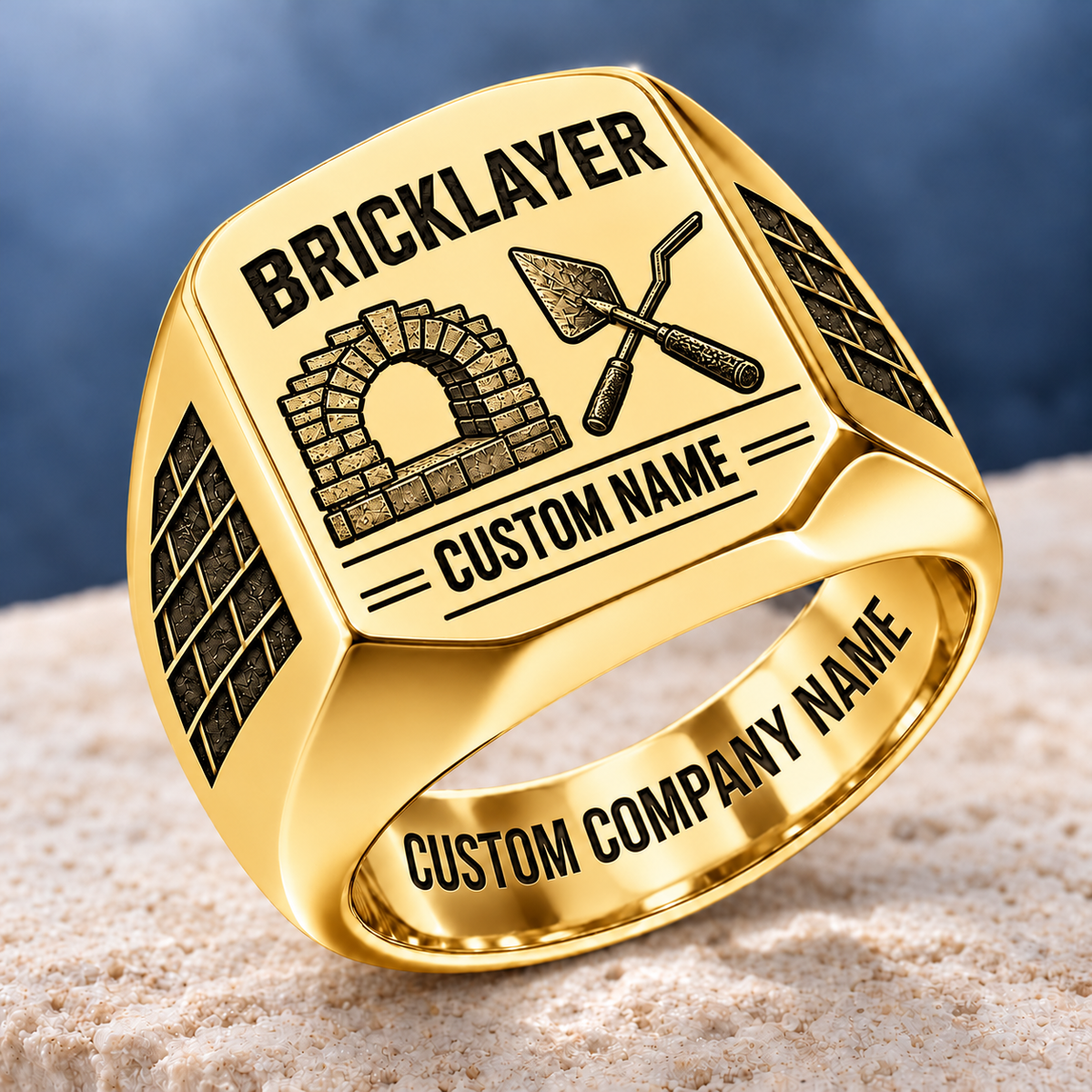 Personalized Bricklayer Twin Icons signet ring in gold, Custom Name and Custom Company Name