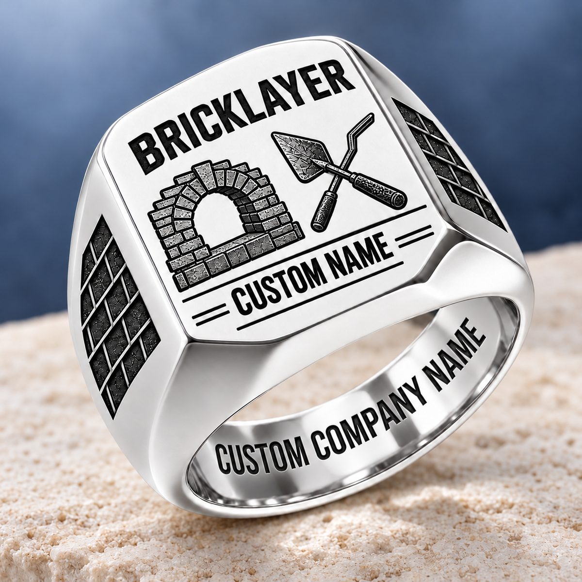 Personalized Bricklayer Twin Icons signet ring in silver, Custom Name and Custom Company Name