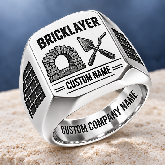 Personalized Bricklayer Twin Icons signet ring in silver, Custom Name and Custom Company Name