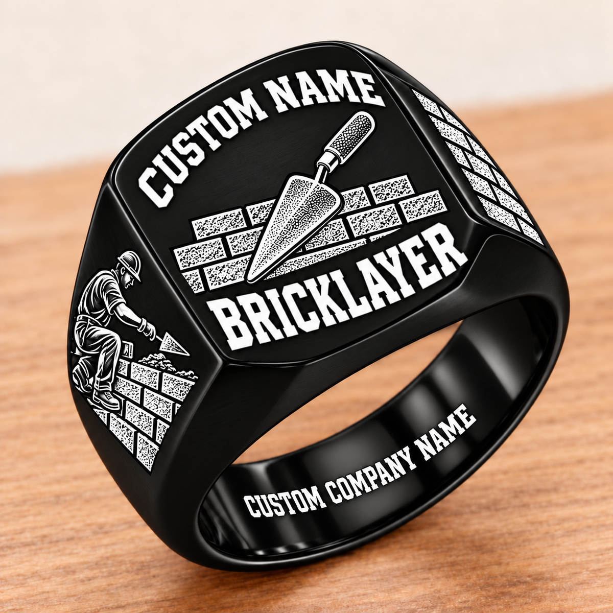 Personalized Bricklayer Bold Lettering signet ring in black, Custom Name and Custom Company Name
