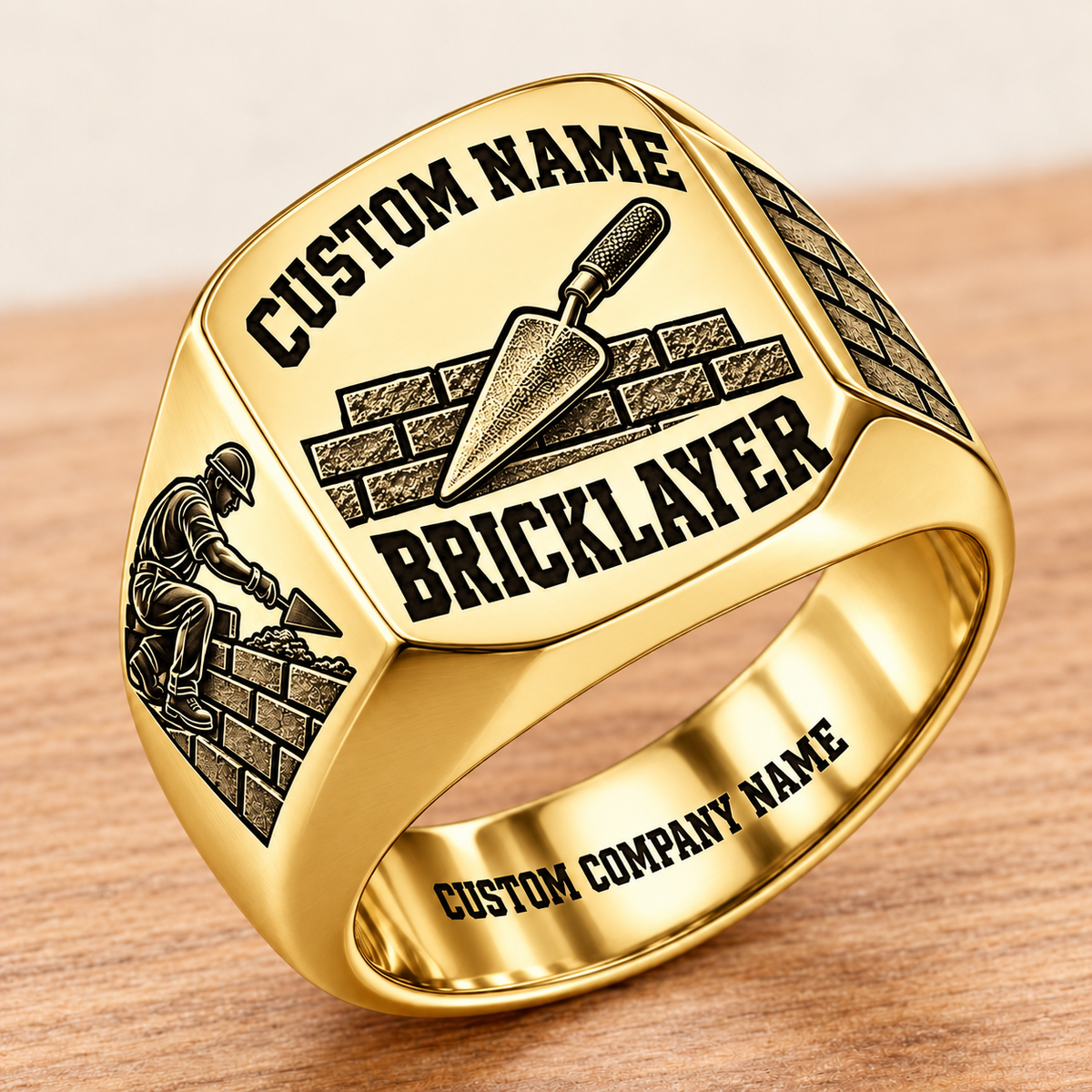 Personalized Bricklayer Bold Lettering signet ring in gold, Custom Name and Custom Company Name