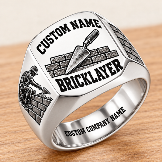 Personalized Bricklayer Bold Lettering signet ring in silver, Custom Name and Custom Company Name