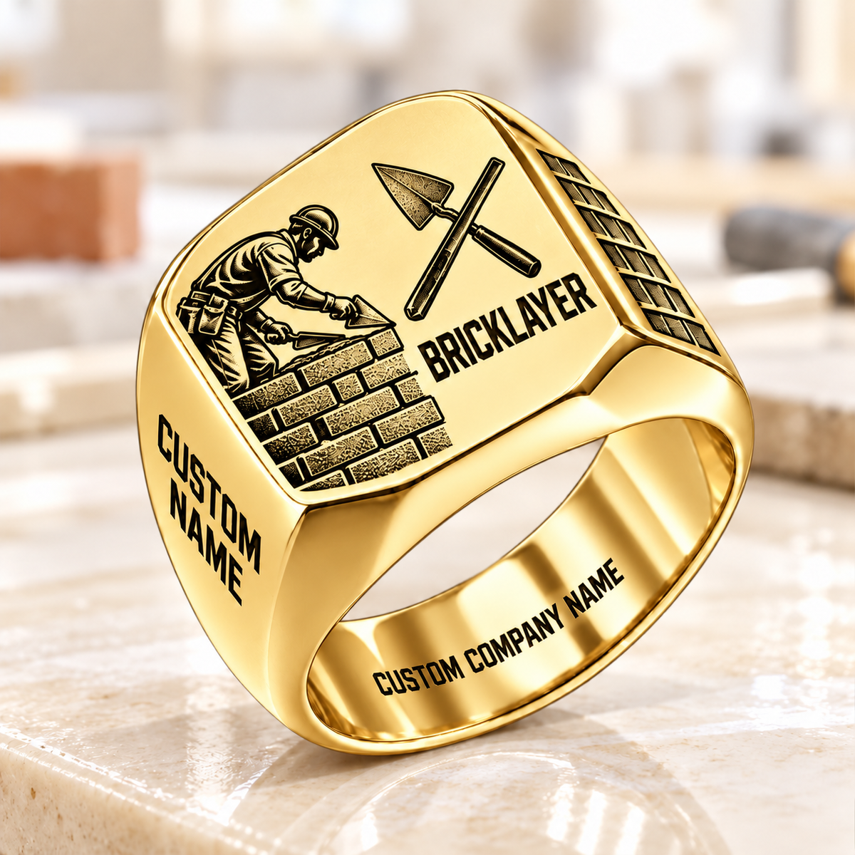 Personalized Bricklayer Split Emblem signet ring in gold, Custom Name and Custom Company Name