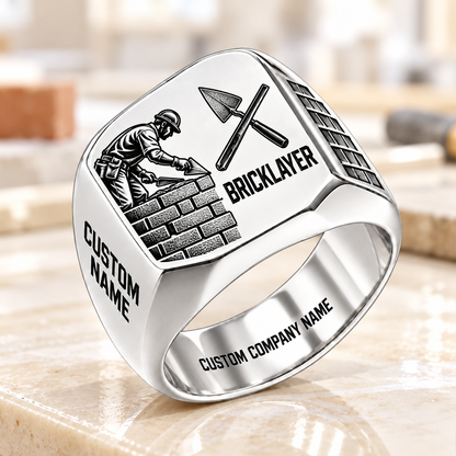 Personalized Bricklayer Split Emblem signet ring in silver, Custom Name and Custom Company Name