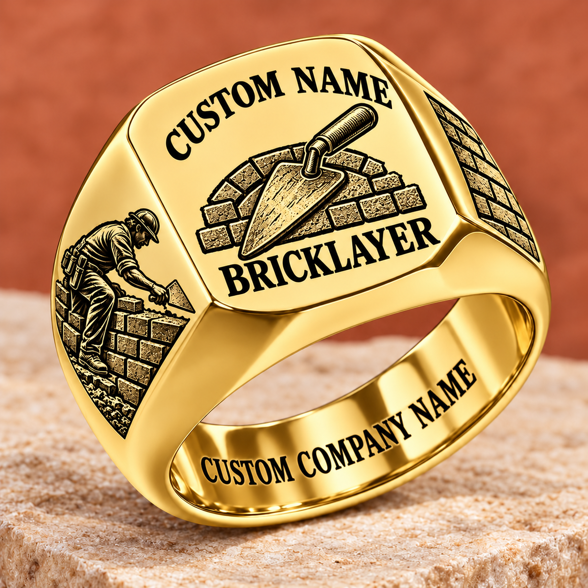 Personalized Bricklayer Heritage Emblem signet ring in gold, Custom Name and Custom Company Name