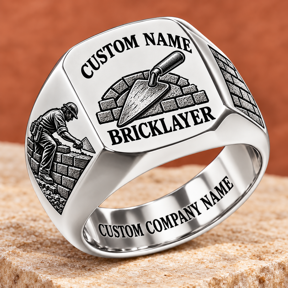 Personalized Bricklayer Heritage Emblem signet ring in silver, Custom Name and Custom Company Name