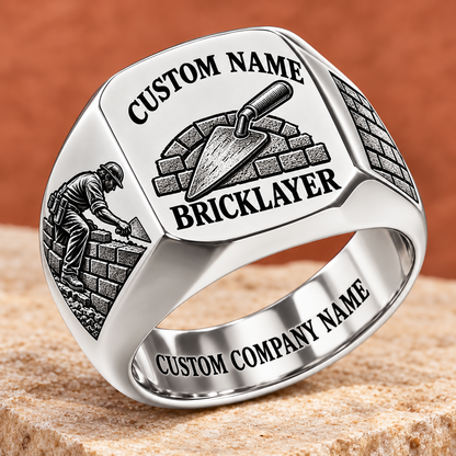Personalized Bricklayer Heritage Emblem signet ring in silver, Custom Name and Custom Company Name
