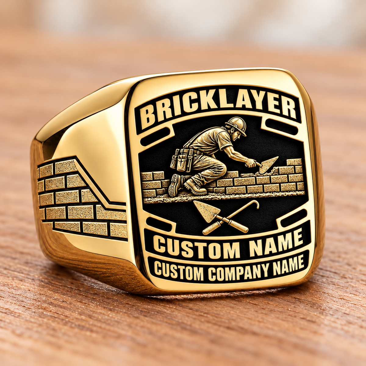 Personalized Bricklayer Black Face Badge signet ring in gold, Custom Name and Custom Company Name
