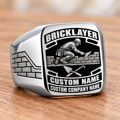 Personalized Bricklayer Black Face Badge signet ring in silver, Custom Name and Custom Company Name