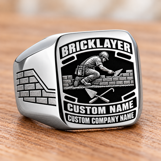 Personalized Bricklayer Black Face Badge signet ring in silver, Custom Name and Custom Company Name