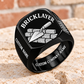 Personalized Bricklayer Classic Emblem signet ring in black with trowel and brickwork, Custom Name and Custom Company Name