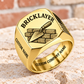 Personalized Bricklayer Classic Emblem signet ring in gold with trowel and brickwork, Custom Name and Custom Company Name