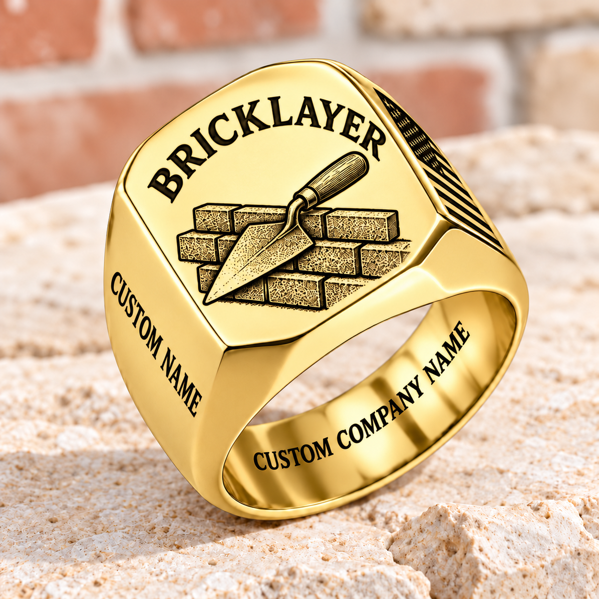 Personalized Bricklayer Classic Emblem signet ring in gold with trowel and brickwork, Custom Name and Custom Company Name