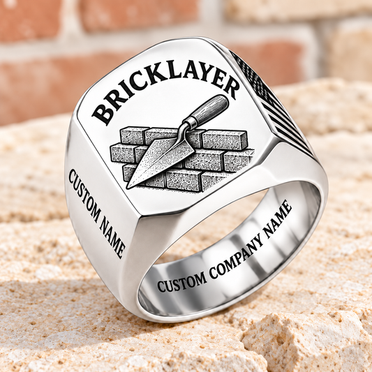Personalized Bricklayer Classic Emblem signet ring in silver with trowel and brickwork, Custom Name and Custom Company Name