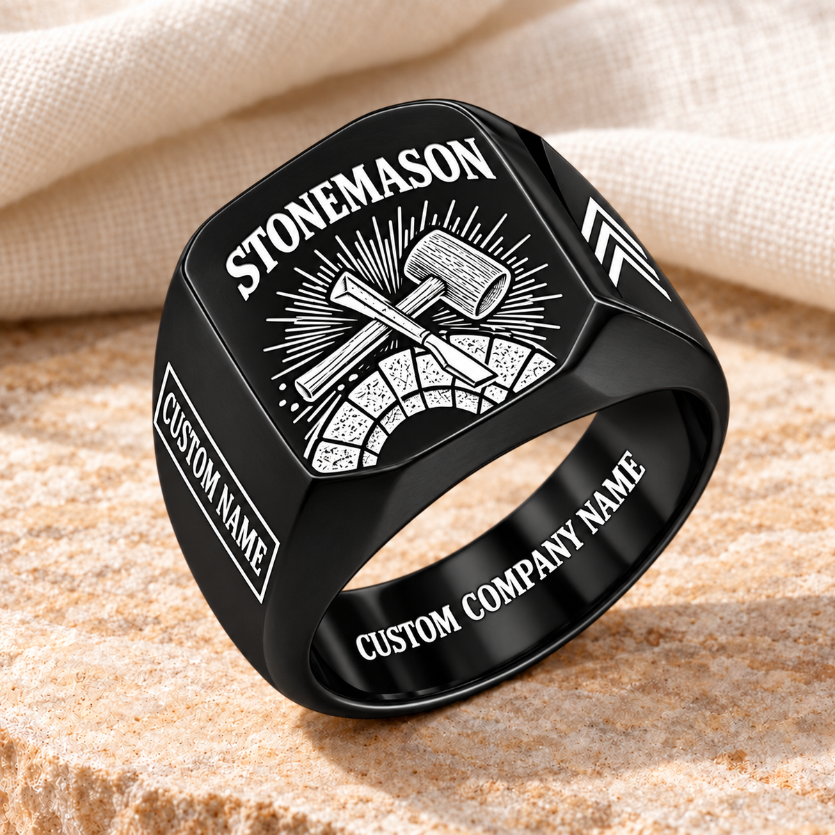Personalized stonemason Sunburst Legacy signet ring in black, Custom Name and Custom Company Name