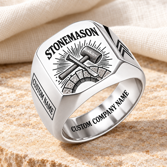 Personalized stonemason Sunburst Legacy signet ring in silver, Custom Name and Custom Company Name