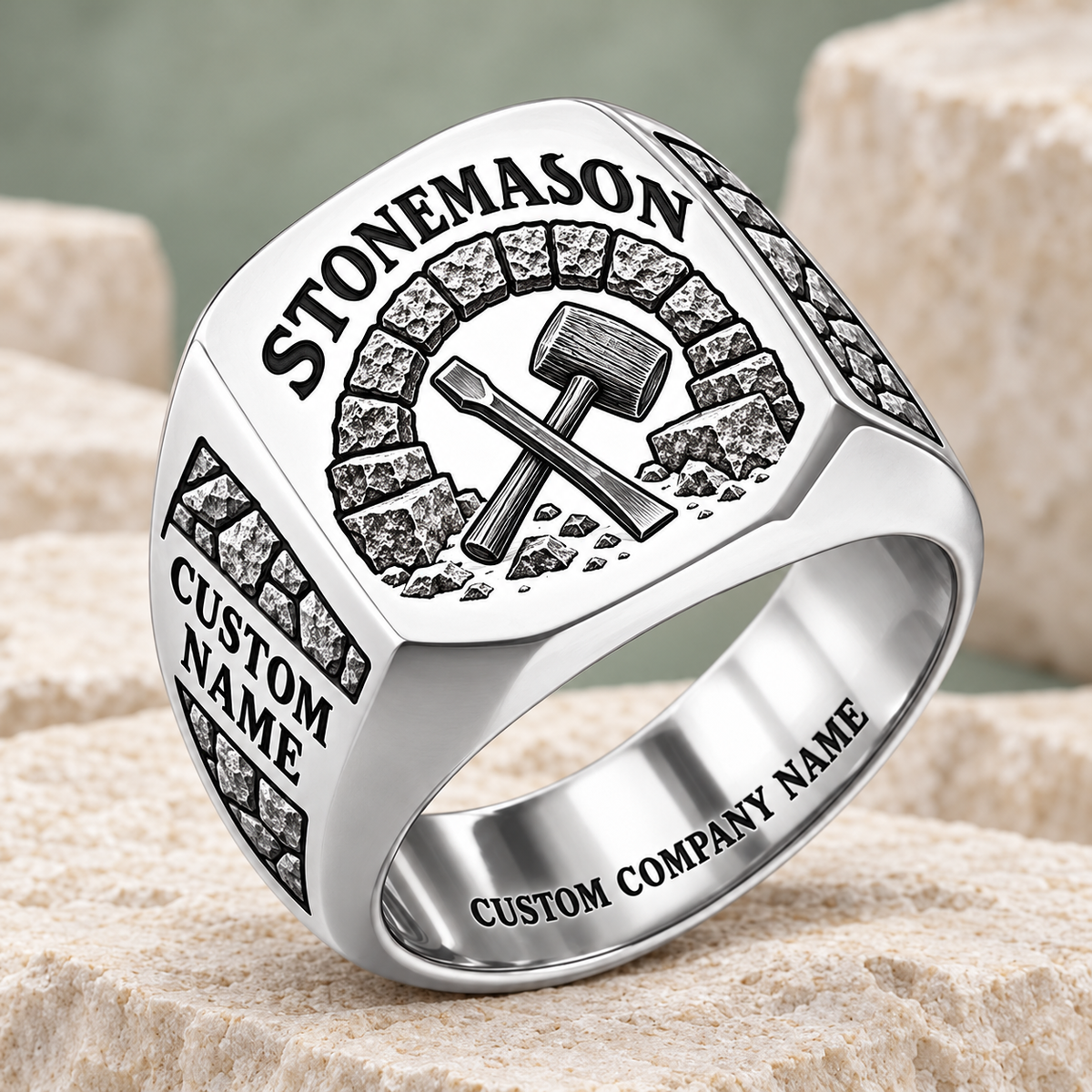 Personalized stonemason Heritage Chisel signet ring in silver, Custom Name and Custom Company Name