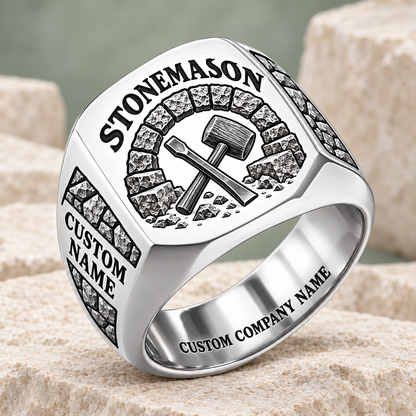 Personalized stonemason Heritage Chisel signet ring in silver, Custom Name and Custom Company Name