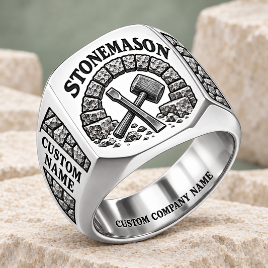Personalized stonemason Heritage Chisel signet ring in silver, Custom Name and Custom Company Name