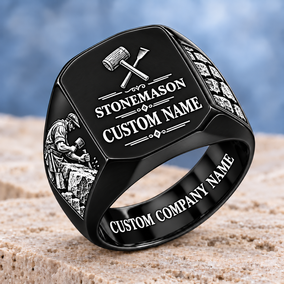 Personalized Stonemason Signature Crest signet ring in black, Custom Name and Custom Company Name