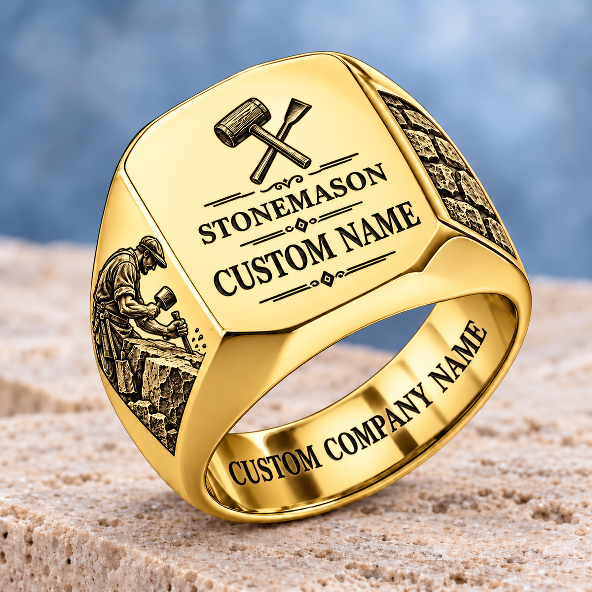 Personalized Stonemason Signature Crest signet ring in gold, Custom Name and Custom Company Name
