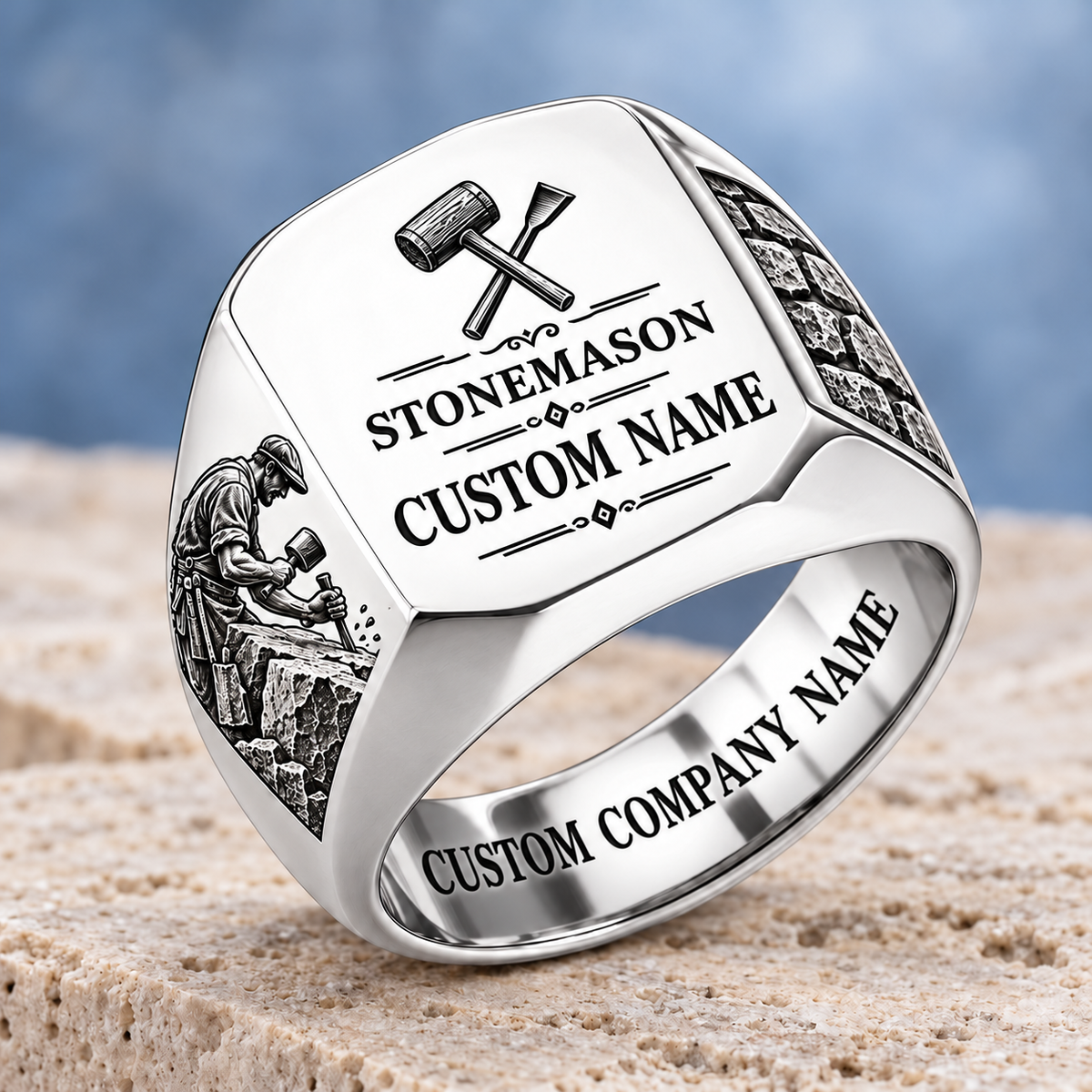 Personalized Stonemason Signature Crest signet ring in silver, Custom Name and Custom Company Name