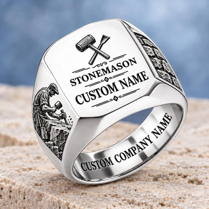 Personalized Stonemason Signature Crest signet ring in silver, Custom Name and Custom Company Name
