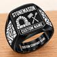 Personalized Stonemason Twin Icons signet ring in black, Custom Name and Custom Company Name