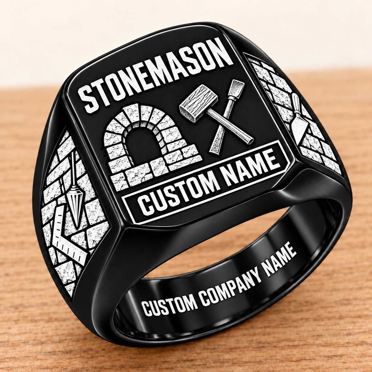 Personalized Stonemason Twin Icons signet ring in black, Custom Name and Custom Company Name