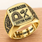 Personalized Stonemason Twin Icons signet ring in gold, Custom Name and Custom Company Name