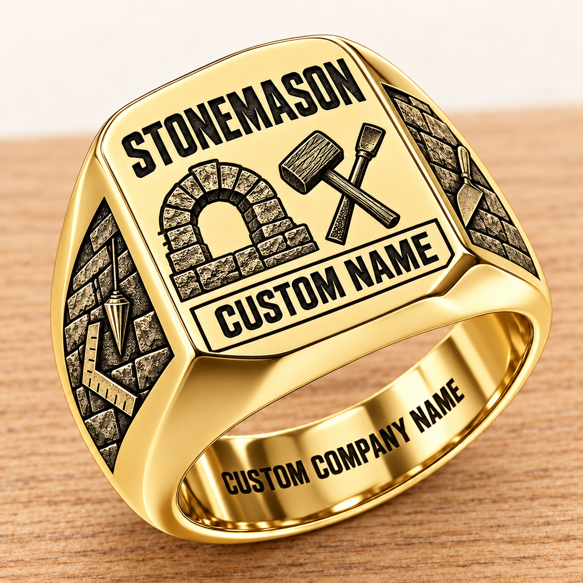 Personalized Stonemason Twin Icons signet ring in gold, Custom Name and Custom Company Name
