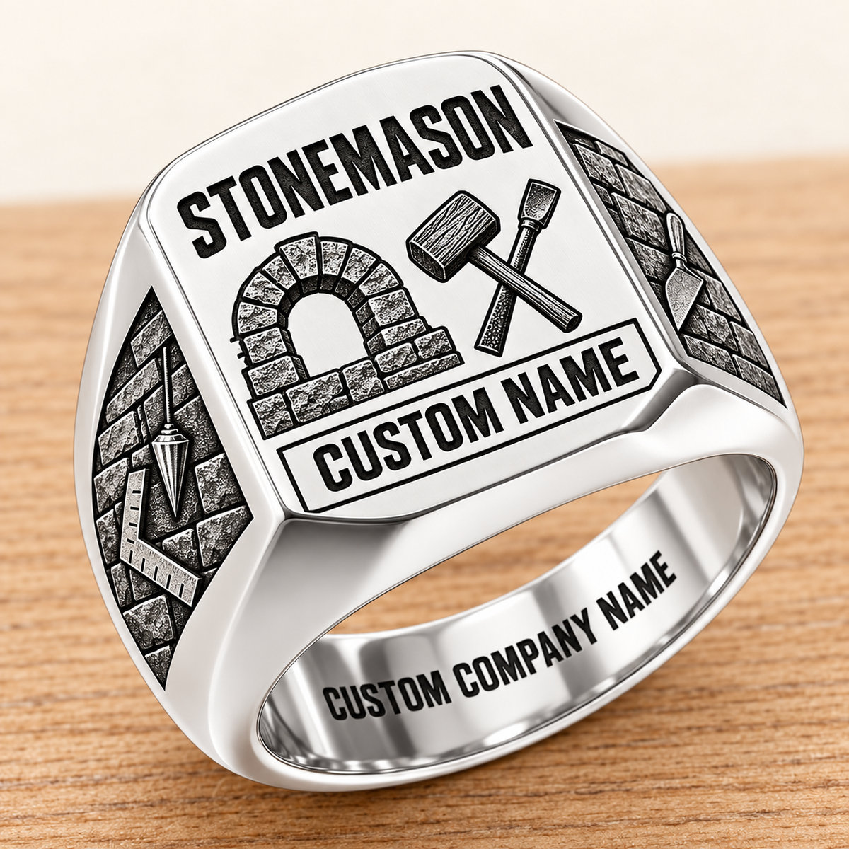 Personalized Stonemason Twin Icons signet ring in silver, Custom Name and Custom Company Name