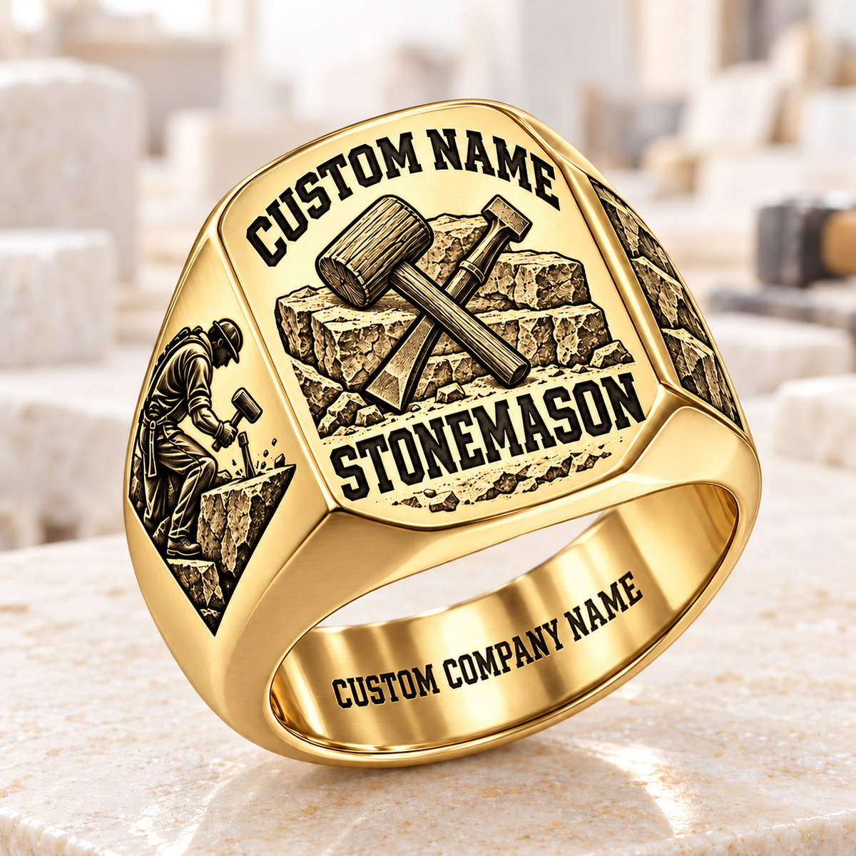 Personalized Stonemason Bold Lettering signet ring in gold, Custom Name and Custom Company Name