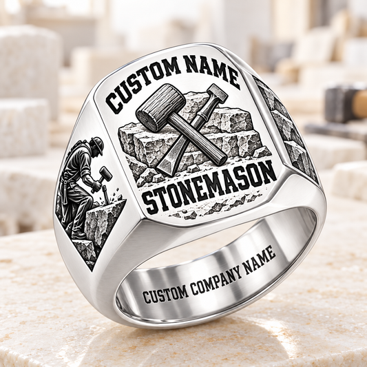 Personalized Stonemason Bold Lettering signet ring in silver, Custom Name and Custom Company Name