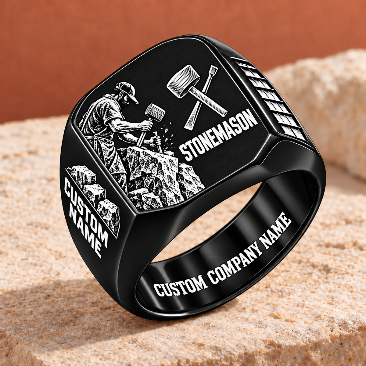 Personalized Stonemason Split Emblem signet ring in black, Custom Name and Custom Company Name
