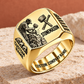 Personalized Stonemason Split Emblem signet ring in gold, Custom Name and Custom Company Name
